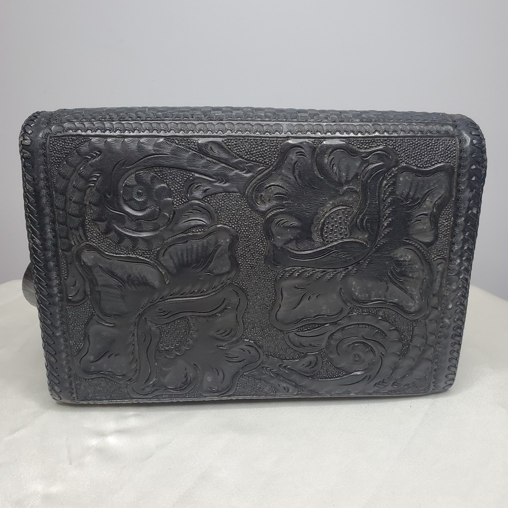 Hand Tooled Black Leather Purse 50's 60's Vintage Cowgirl Western Floral Print - Picture 5 of 9